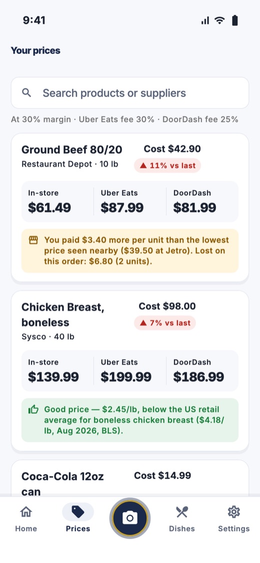 Your prices for in-store, Uber Eats and DoorDash